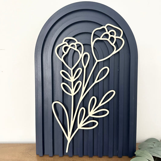 navy blue arch with maple wood flower
