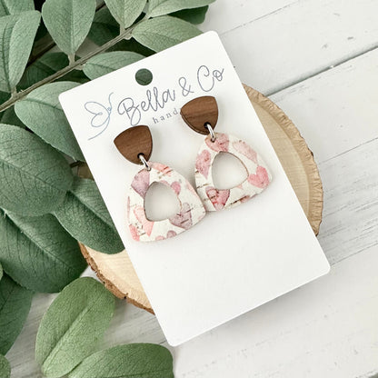 leather earrings, wood earrings, heart earrings, nickel free, lightweight dangle earrings, valentines day earrings, galentines day gift