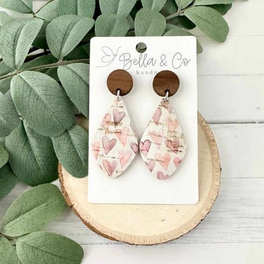 leather earrings, wood earrings, heart earrings, nickel free, lightweight dangle earrings, valentines day gift for her, galentines day gifts