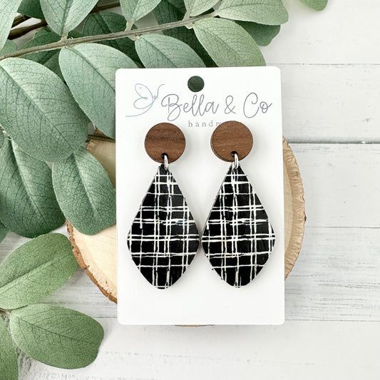 leather earrings, wood earrings, plaid earrings, nickel free, lightweight dangle earrings, valentines day gift for her, galentines day gifts