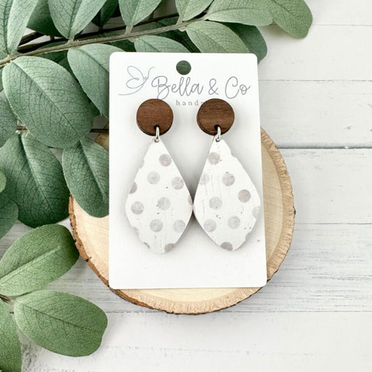 leather earrings, wood earrings, polka dot earrings, nickel free, lightweight dangle earrings, valentines day gift for her, boho earrings