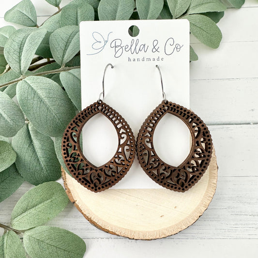 wood earrings, walnut earrings, mandala earrings, teardrop earrings, nickel free, lightweight dangle earrings, valentines day gift for her