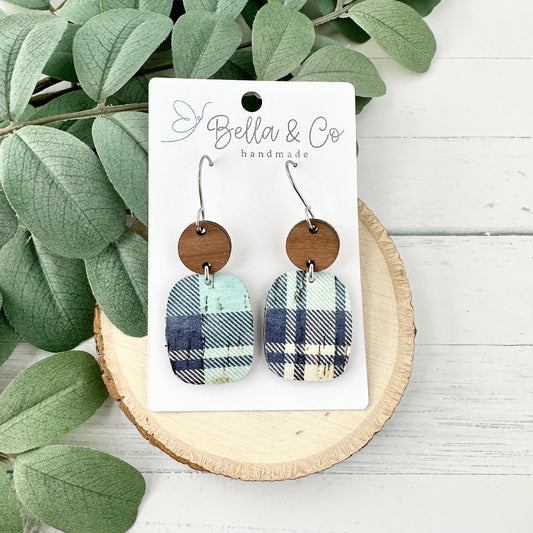 leather wood earrings, leather cork earrings, plaid earrings, nickel free, lightweight earrings, gift for her, boho earring, Valentine’s Day