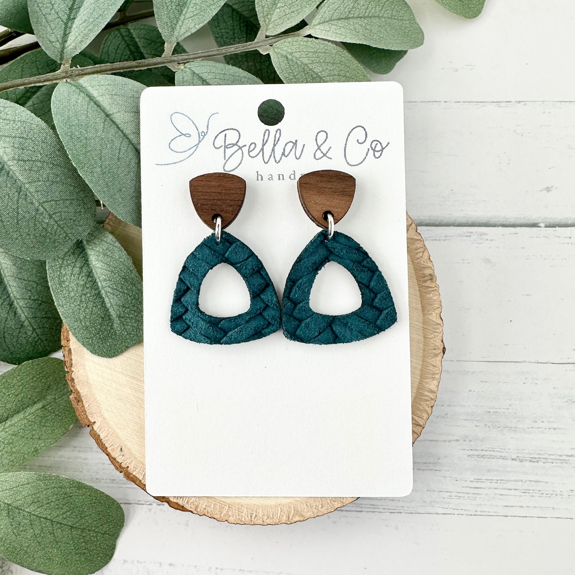 leather wood earrings, leather cork earrings, triangle earrings, leather braid, nickel free, lightweight earrings, gifts for her, boho chic