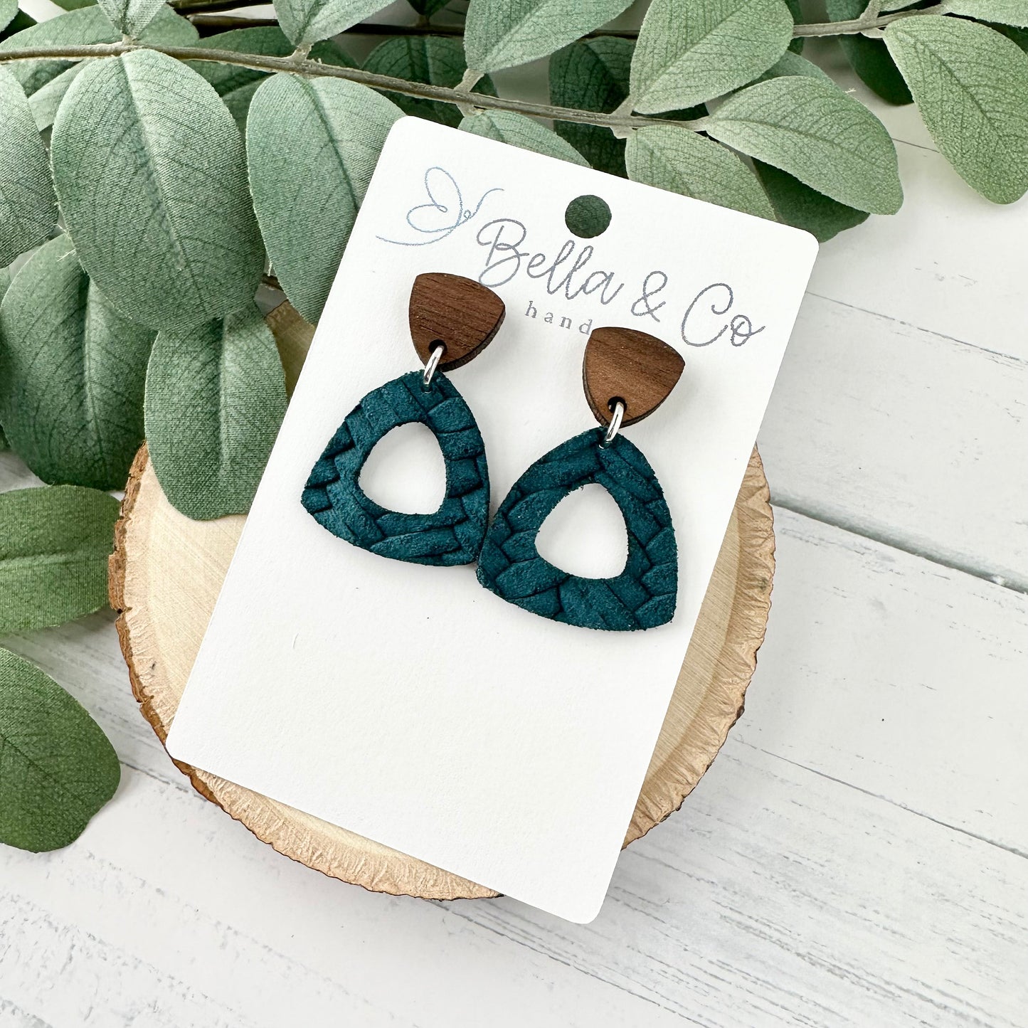 leather wood earrings, leather cork earrings, triangle earrings, leather braid, nickel free, lightweight earrings, gifts for her, boho chic