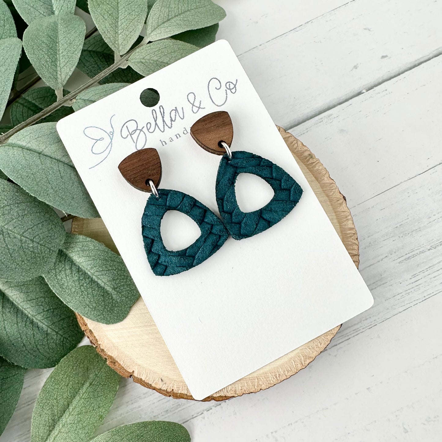 leather wood earrings, leather cork earrings, triangle earrings, leather braid, nickel free, lightweight earrings, gifts for her, boho chic