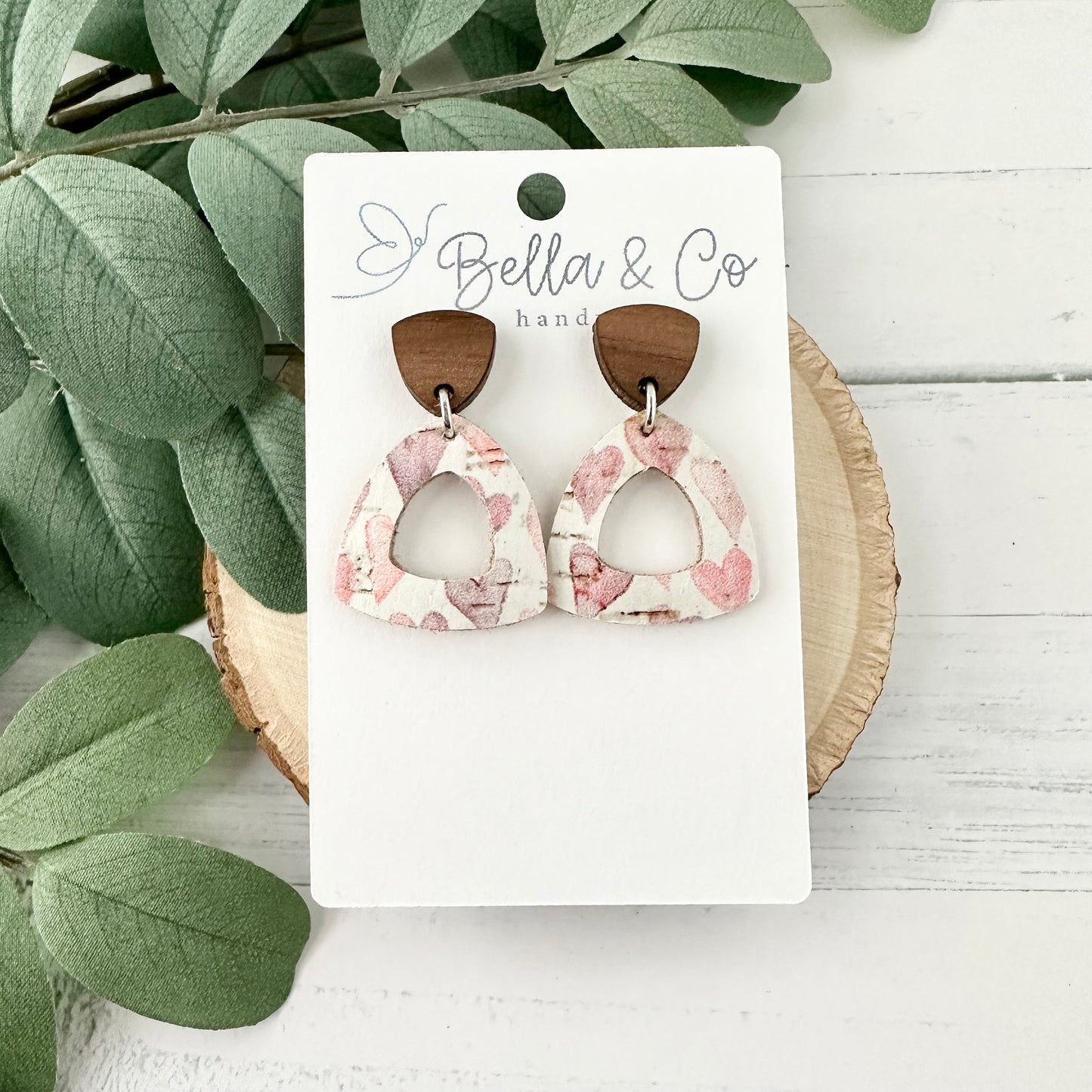 leather earrings, wood earrings, heart earrings, nickel free, lightweight dangle earrings, valentines day earrings, galentines day gift