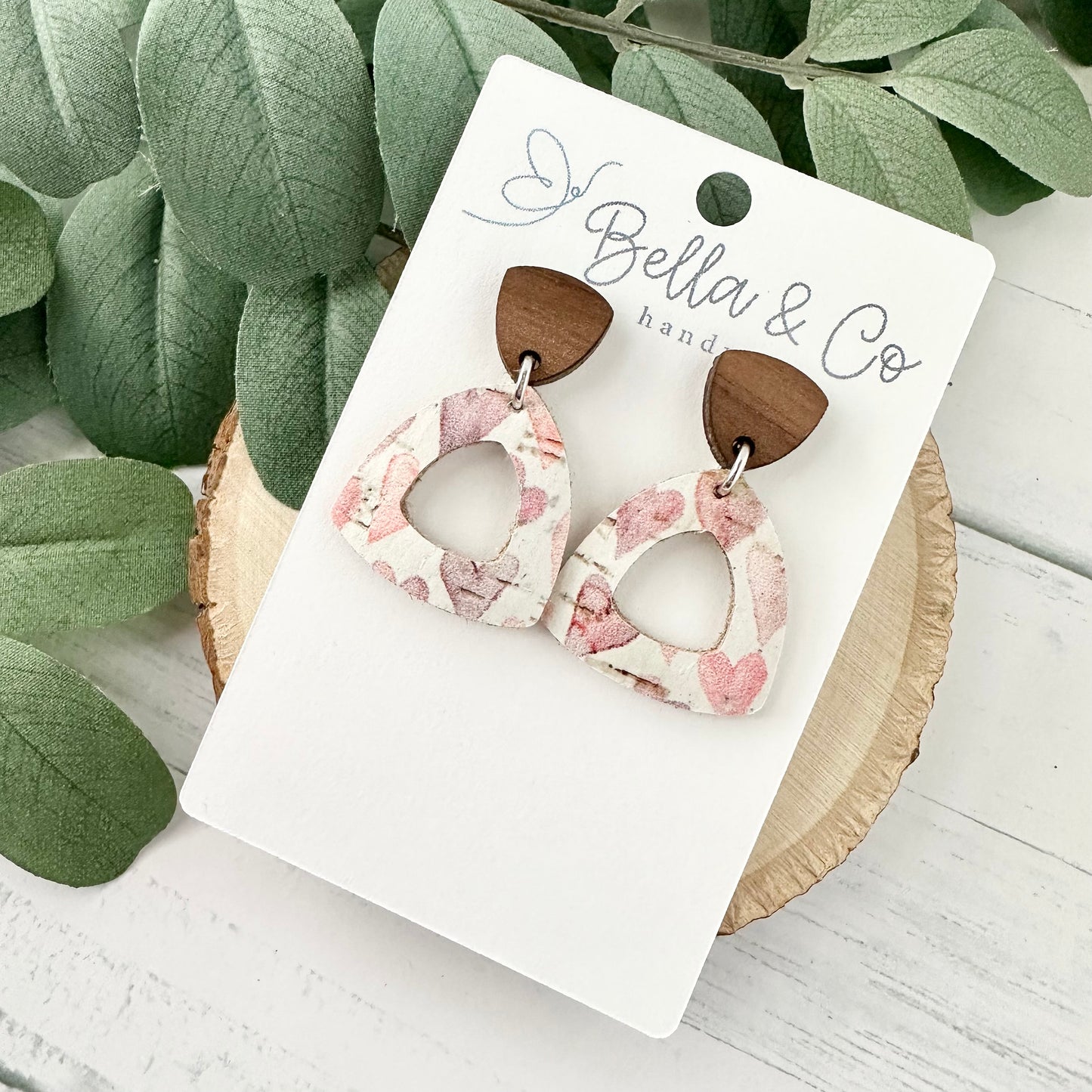 leather earrings, wood earrings, heart earrings, nickel free, lightweight dangle earrings, valentines day earrings, galentines day gift