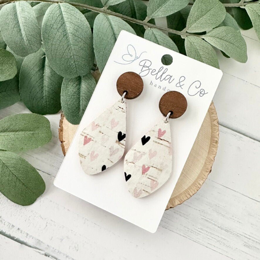 leather earrings, wood earrings, heart earrings, nickel free, lightweight dangle earrings, valentines day gift for her, galentines day gifts