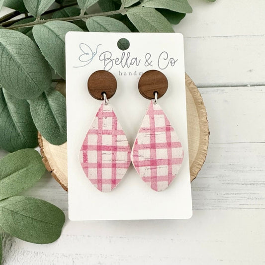 leather earrings, wood earrings, plaid earrings, nickel free, lightweight dangle earrings, valentines day gift for her, galentines day gifts