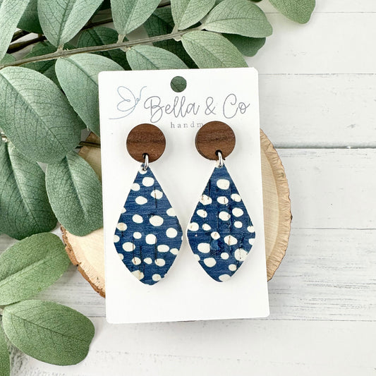 leather earrings, wood earrings, polka dot earrings, nickel free, lightweight dangle earrings, valentines day gift for her, boho earrings