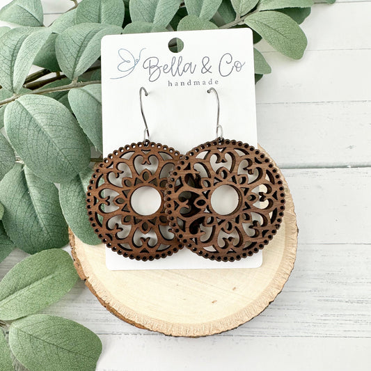 wood earrings, walnut earrings, mandala earrings, hoop earrings, nickel free, lightweight dangle earrings, valentines day gift for her